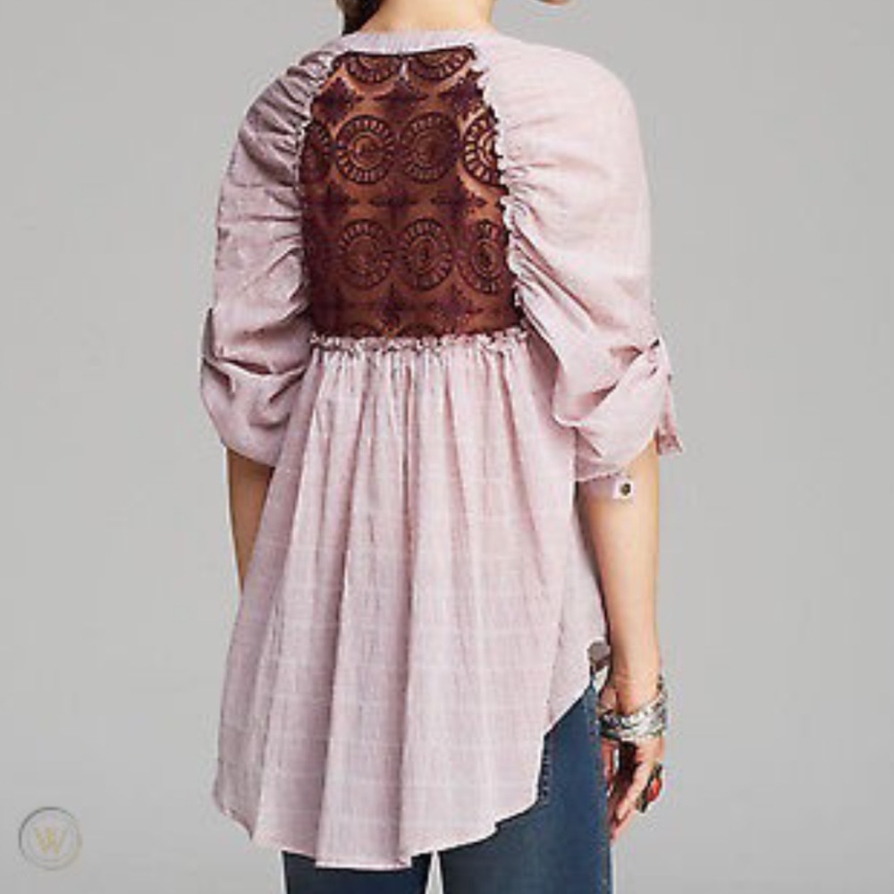 FREE PEOPLE top Put Your Back Into It Blouse striped BUTTON UP shirt LACE TUNIC
